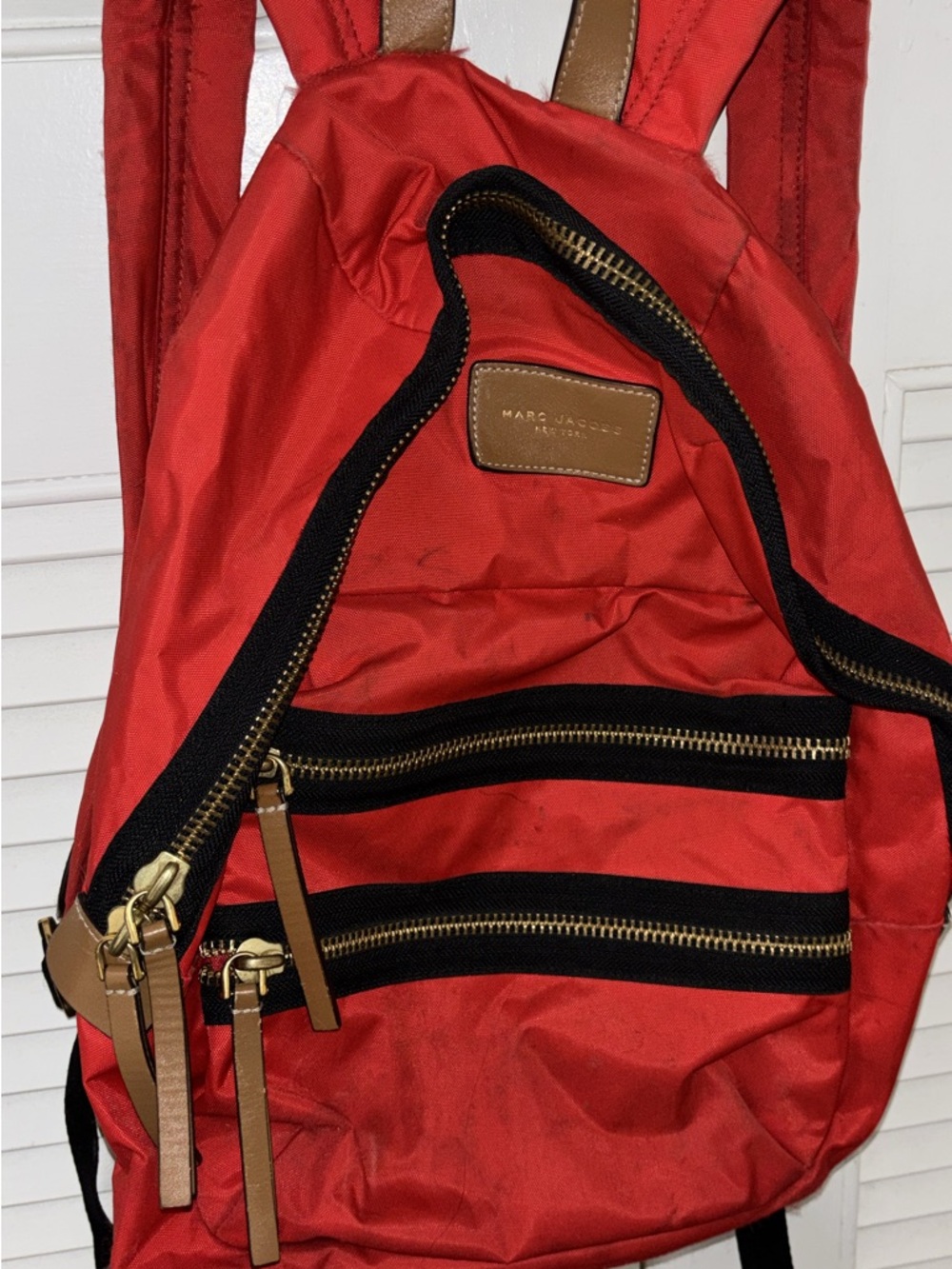 Marc Jacobs Red Nylon Backpack with Black Trim and Tan Accents